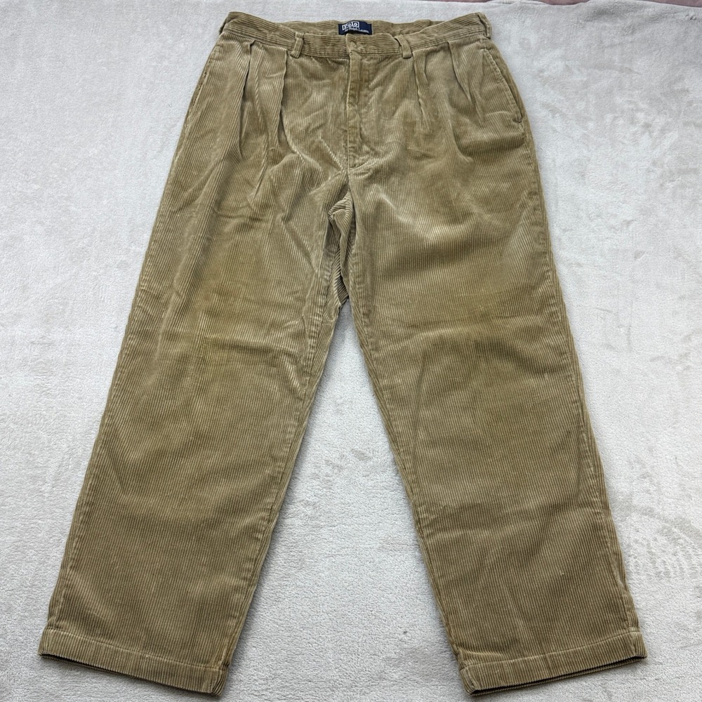 Vintage Polo Ralph Lauren Corduroy Pants Men 38x28 Tan Pleated Straight Trousers